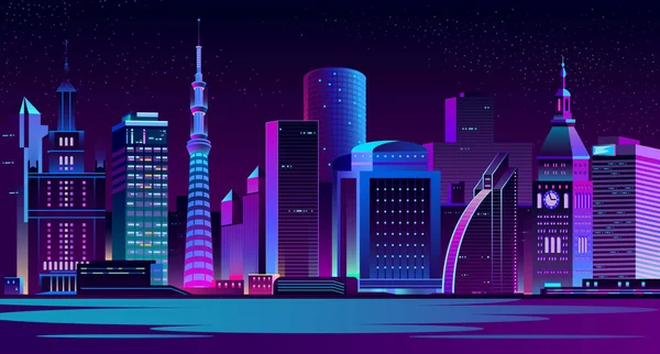 Iluminado moderna ciudad noche paisaje vector — Vector de stock