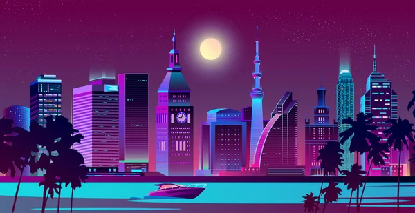 Ciudad moderna en la orilla del mar vector paisaje noche — Vector de stock