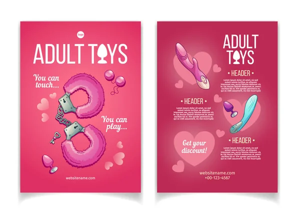 Sexo loja adulto brinquedos cartoon vetor brochura — Vetor de Stock