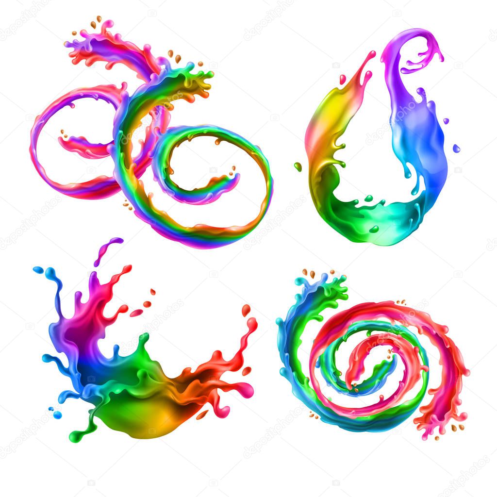 Vector mixed splashes, rainbow swirls with drops