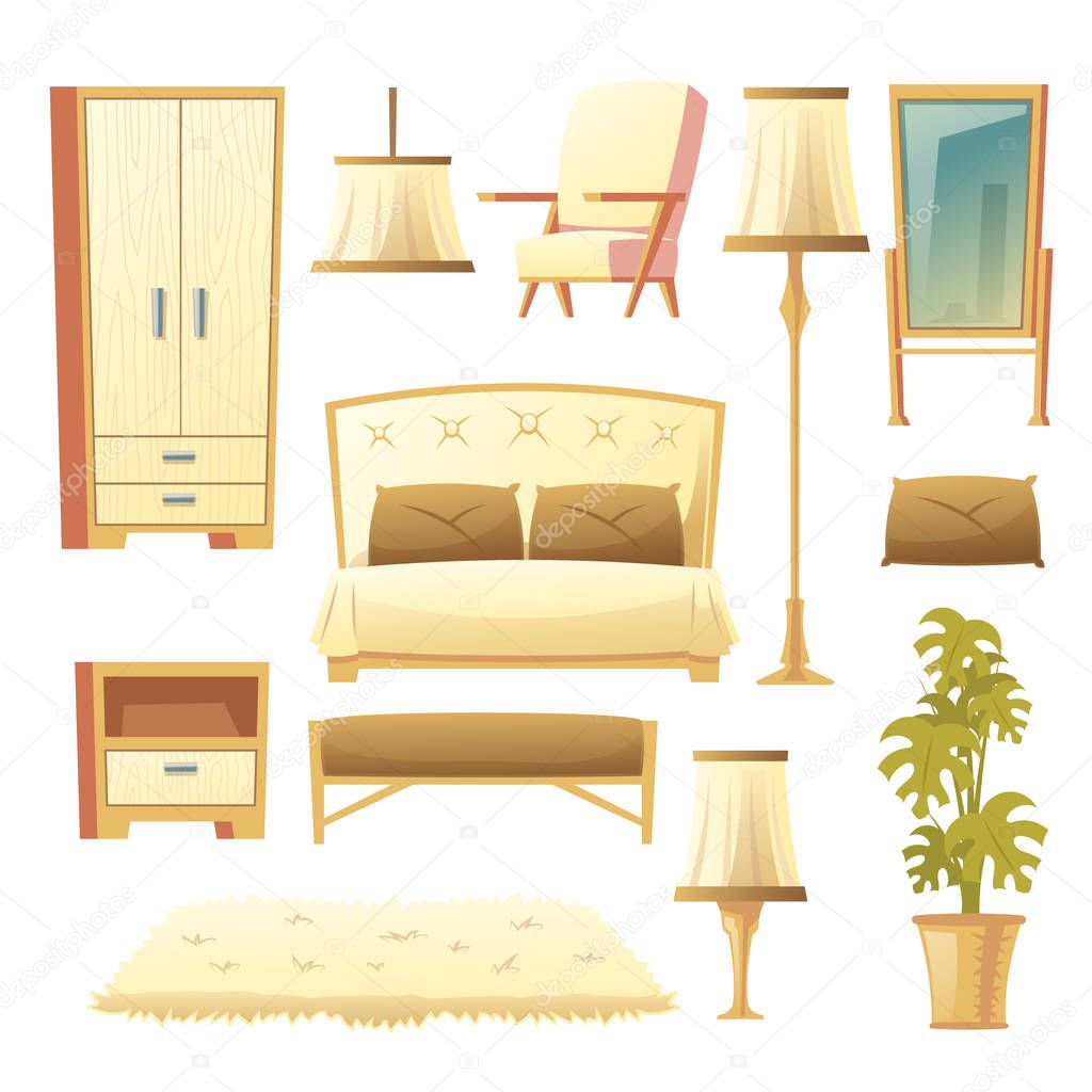 Vector cartoon set of bedroom - interior set