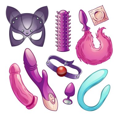 Seks shop oyuncaklar ürün yelpazesine karikatür vektör set