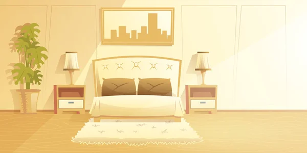 Cozy bedroom with double bed vector interior — Stock Vector