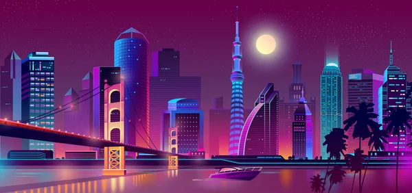 Vektorový pozadí s noční město v neonová světla — Stockový vektor