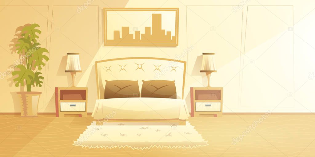 Cozy bedroom with double bed vector interior