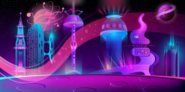 Vector night background with alien futuristic city — Stock Vector