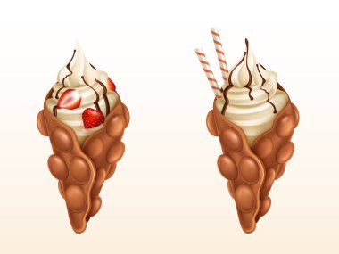 Kabarcık waffle çilek ve karamel vektör ile