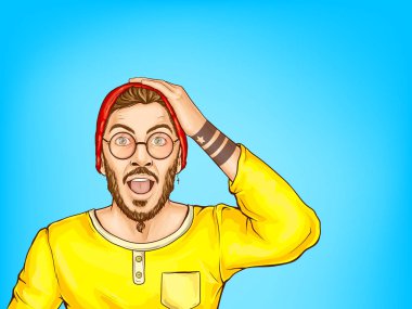 Şok hipster adam açık ağız vektör ile
