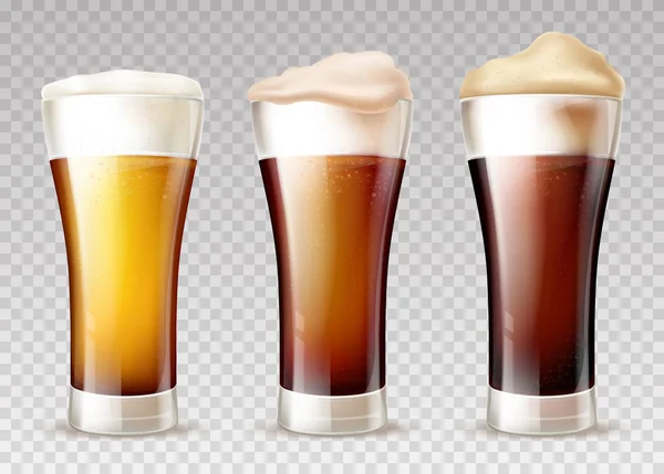 Beer types poured in glasses realistic vector — Stock Vector