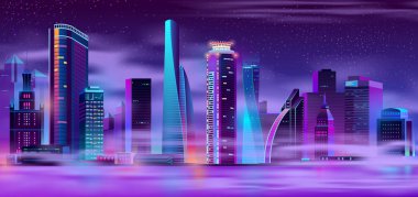 Gelecekteki metropolis gece manzara neon renk karikatür vektör ile fütüristik tasarım sis veya smog çizimde kefen nehir kıyısında ışıklandırılmış gökdelenler. Modern şehir merkezi bölgesinde yer alan gece hayatı