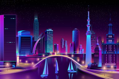 Vektör neon megapolis su, yat yarışı