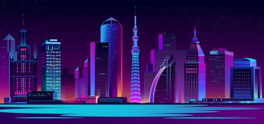 Vektör neon megapolis arka plan binalar, gökdelenler