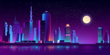 Vektör neon megapolis gece Nehri üzerinde