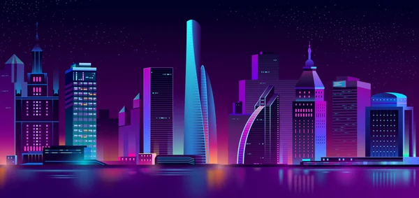 Vettoriale sfondo neon megapoli con edifici, grattacieli — Vettoriale Stock