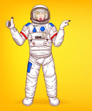 Vektör pop sanat satış noktalarına uzay giysisi kadında astronot şaşırttı. Çizgi film karakteri kask, sarı zemin üzerine izole keşif için üniforma içinde. Sarışın kız, spacewoman başparmak havaya.