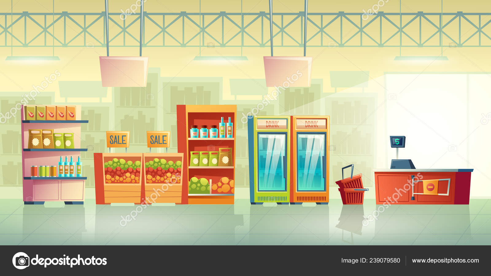 Supermarket Trading Room Interior Cartoon Vector Stock Vector