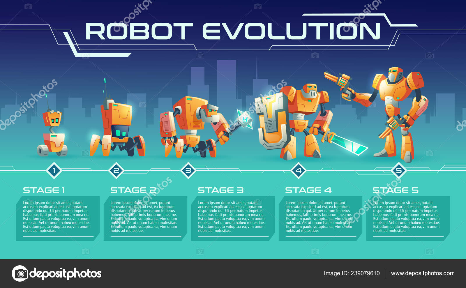 Battle robot game process upgrades vector guide Stock Vector by
