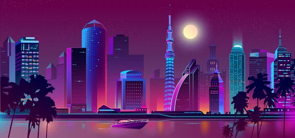 Nuit vectorielle ville pourpre, rivière avec bateau — Image vectorielle