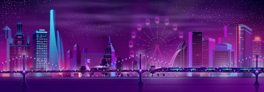 Modern şehir neon karikatür vektör gece manzarası