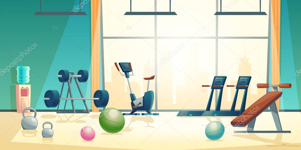 Vector gym background with treadmill, bike training