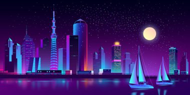 Vektör neon megapolis Nehri ile Yatlar