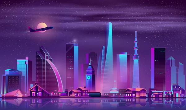 Ciudad moderna en la noche de dibujos animados vector de fondo — Archivo Imágenes Vectoriales