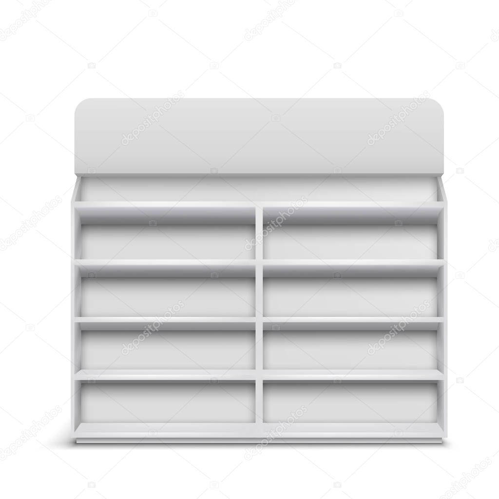 Supermarket showcase with empty shelves, rack with blank sign board 3d realistic vector isolated on white. Shop, grocery store inventory, product retail, merchandising and sale concept design element
