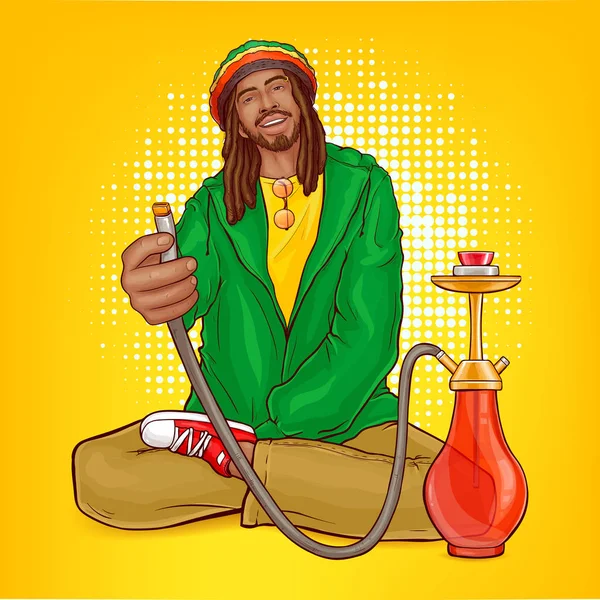 Vector pop arte rastafarian cara sugere narguilé — Vetor de Stock