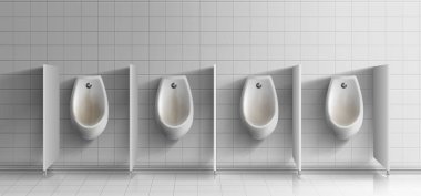 Mens umumi tuvalet oda gerçekçi vektör. Kirli, paslı seramik pisuar beyaz düğmeleri kızarma metal satır açılan kabin illüstrasyon duvara döşeli. Sağlıksız, Anti-hijyenik koşul kavramı