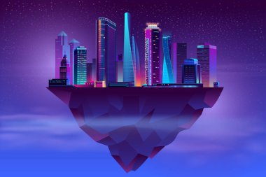 Vektör gece neon megapolis üzerinde yükselen Adası