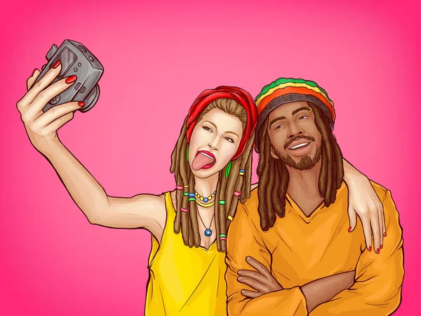 Vektor Pop Art rastafarisches Paar macht Selfie — Stockvektor