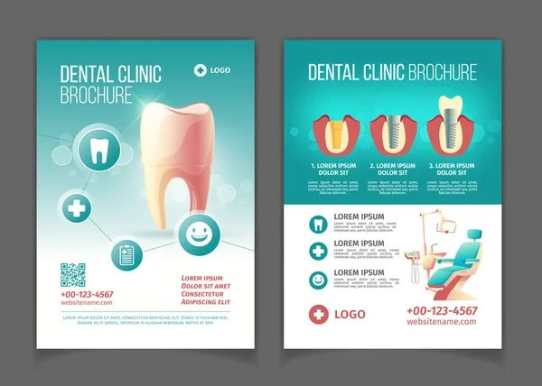 Clínica odontológica folheto promocional desenhos animados páginas do vetor — Vetor de Stock