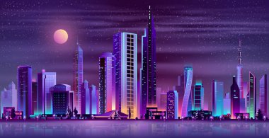 Modern şehir gece manzara neon karikatür vektör