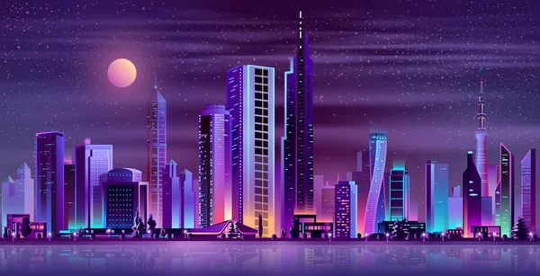 Ciudad moderna noche paisaje neón vector de dibujos animados — Vector de stock