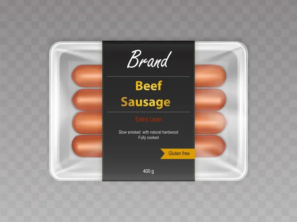 Beef sausages in sealed packaging realistic vector — Stock Vector
