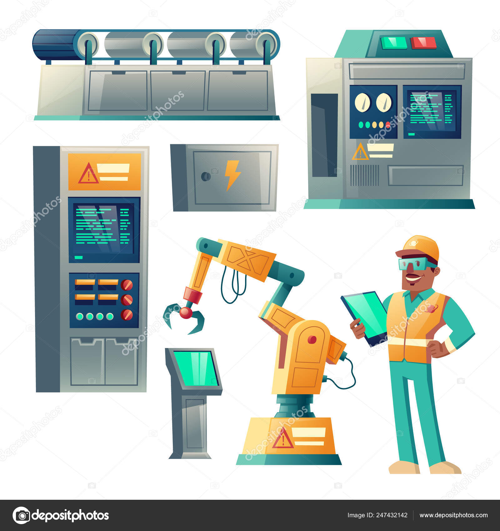 Industrial equipment and factory worker vector Stock Vector Image by  ©vectorpocket #247432142