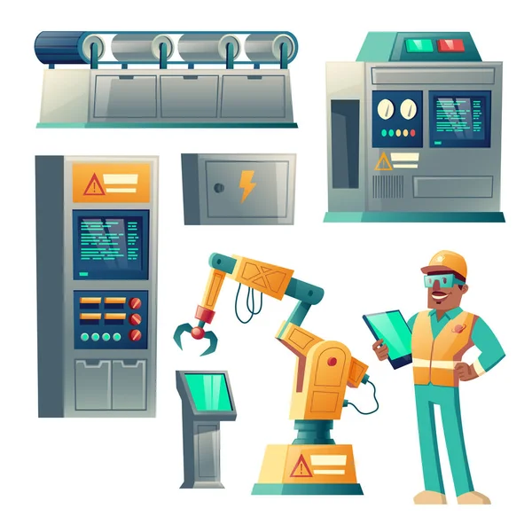 Industrial equipment and factory worker vector — Stock Vector