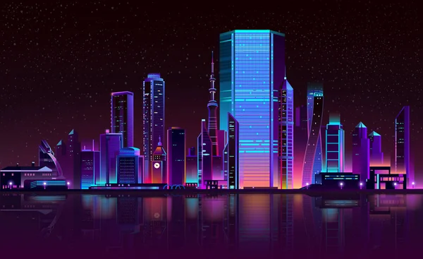 Ciudad moderna horizonte noche neón vector de dibujos animados — Archivo Imágenes Vectoriales