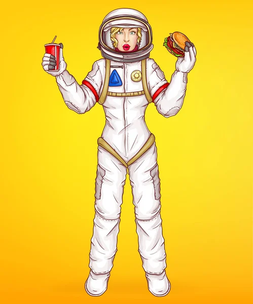 Vektor pop art spacewoman drží jídlo, burger — Stockový vektor