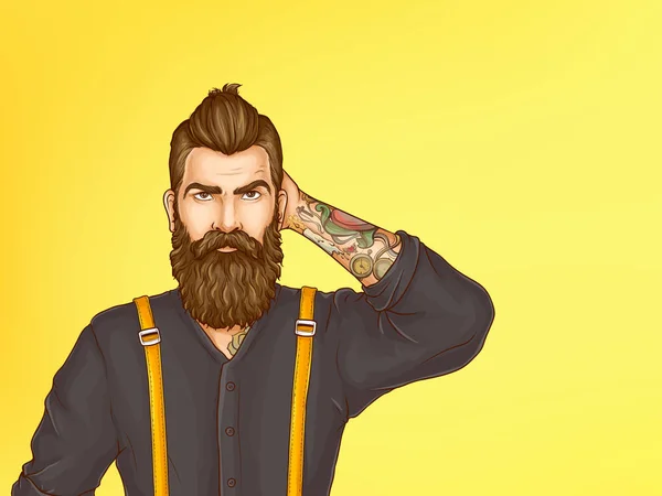 Twijfelachtig hipster man cartoon vector portret — Stockvector