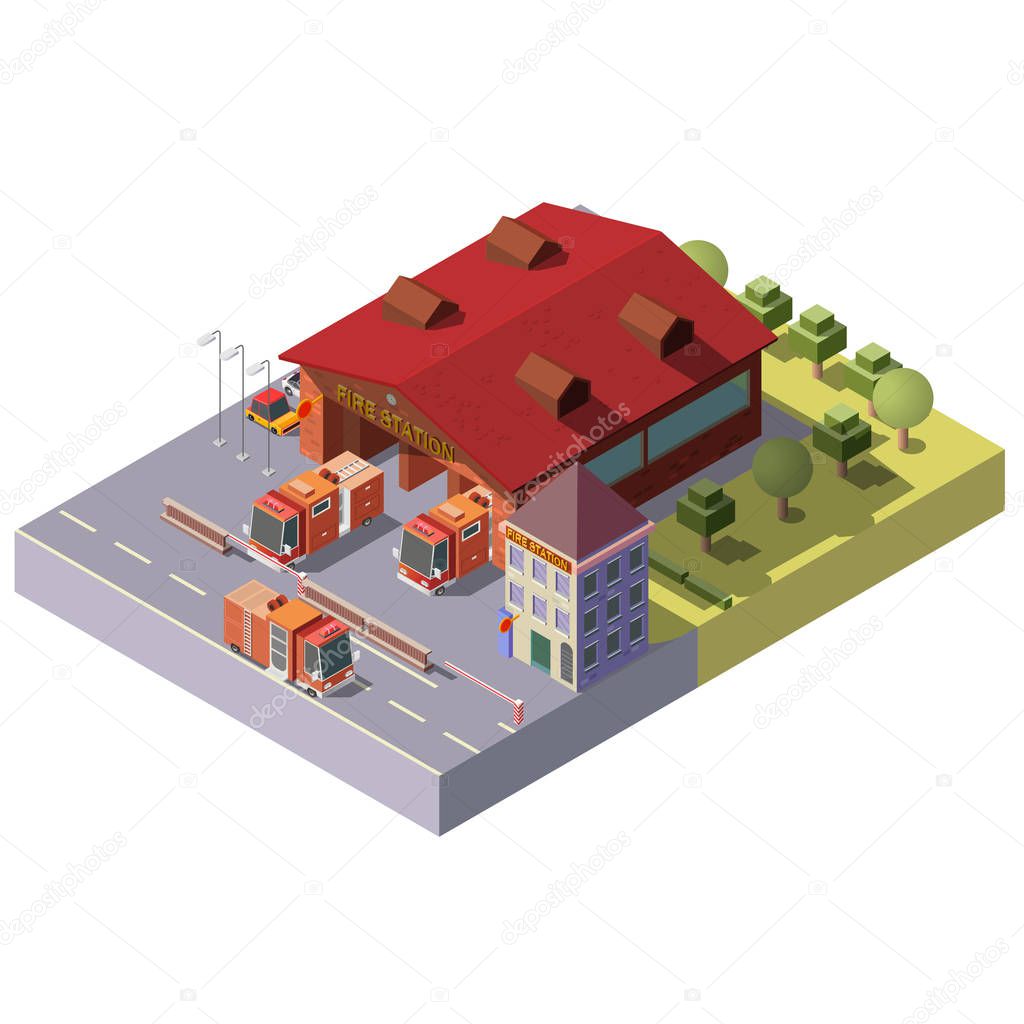 Vector 3d isometric fire station. Municipal service