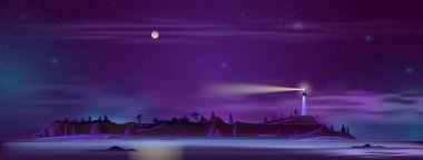 Vektör deniz feneri gece tepe üzerinde