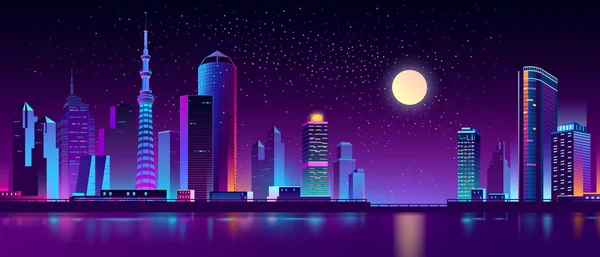 Vector megápolis moderna en el río por la noche — Vector de stock