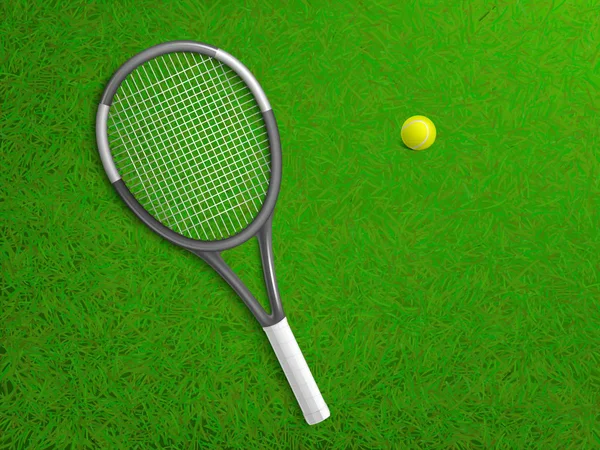 Racchetta da tennis, palla su erba vettore realistico — Vettoriale Stock