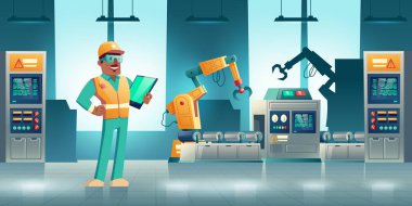 Fabrika üretim hattı karikatür vektör robotized