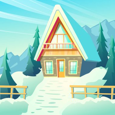 Köy evi kış dağlarda karikatür vektör