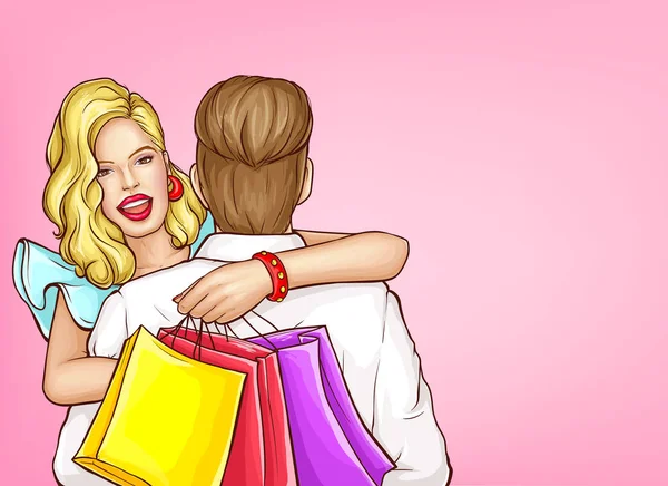 Happy woman shopping pop art concept vectoriel — Image vectorielle