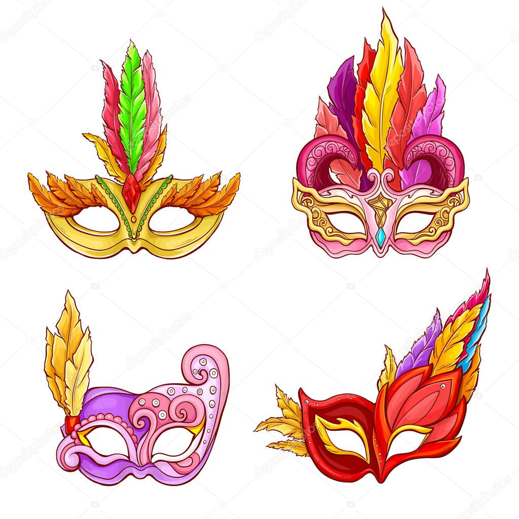 Colombina masks with feathers cartoon vector set