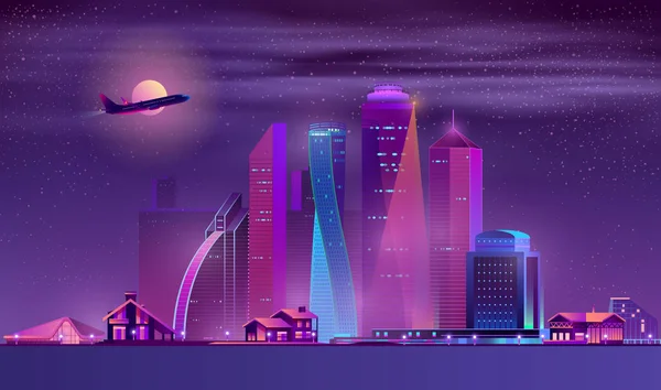 Vector neon megapolis fundo com edifícios, casas — Vetor de Stock