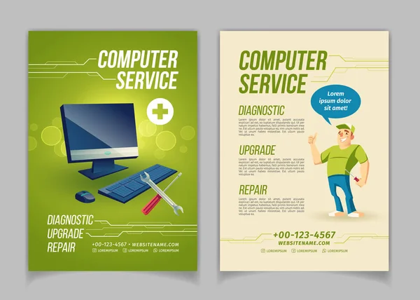Computer Reparatur Service Cartoon Vektor Anzeigenblätter — Stockvektor